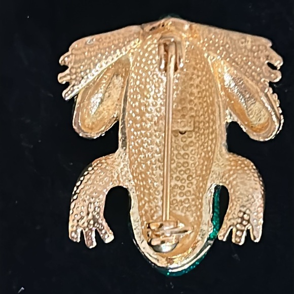 Roman Green Enamel Rhinestone Frog Brooch Pin, Signed - Picture 7 of 13